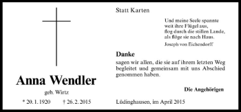 Anzeige von Anna Wendler von Westfälische Nachrichten