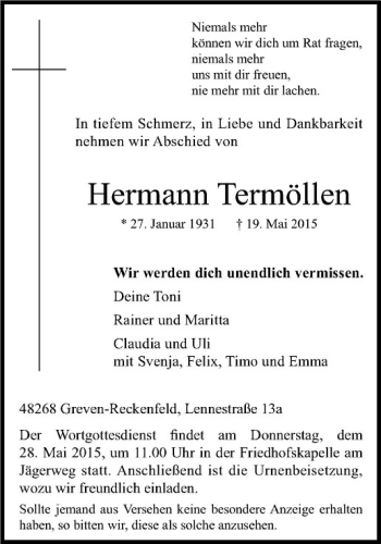 Anzeige von Hermann Termöllen von Westfälische Nachrichten