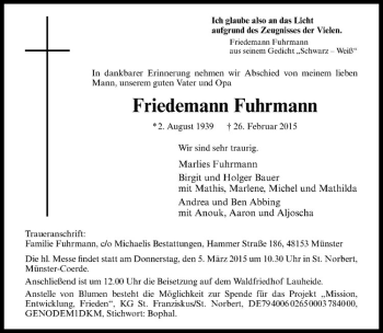 Anzeige von Friedemann Fuhrmann von Westfälische Nachrichten