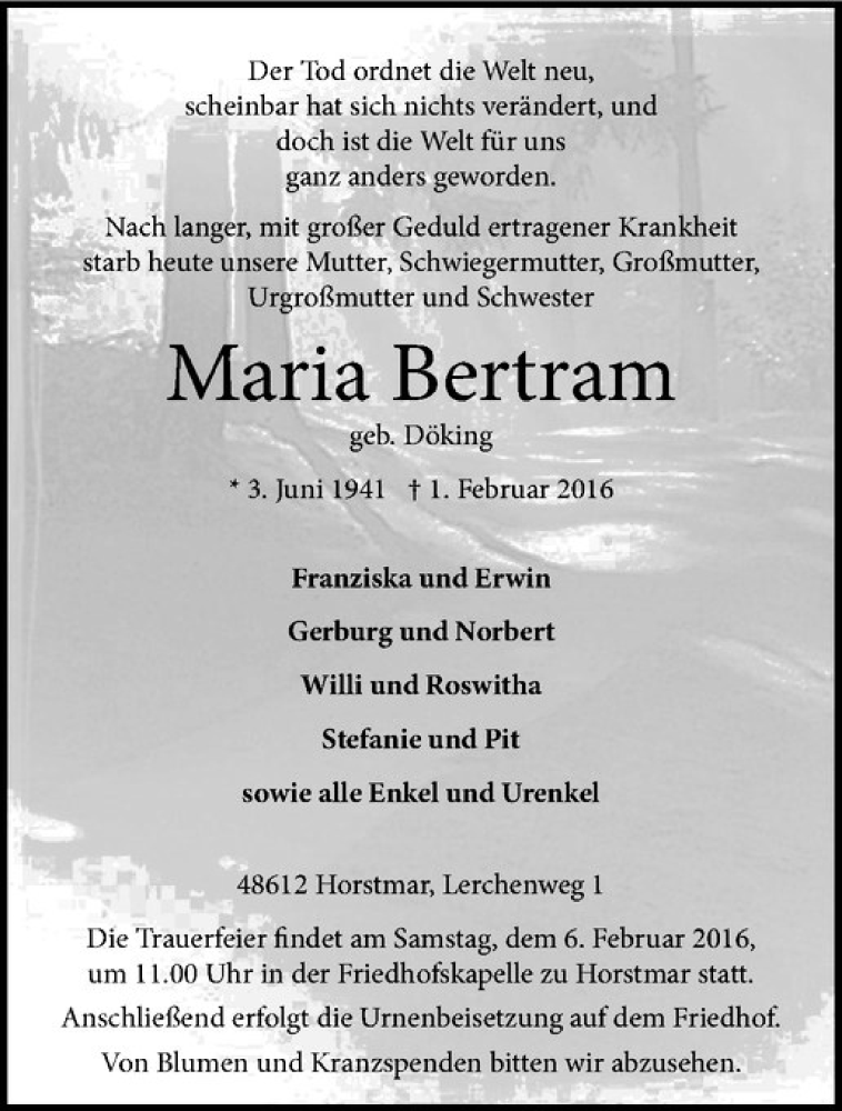  Traueranzeige für Mari Bertram vom 03.02.2016 aus Westfälische Nachrichten
