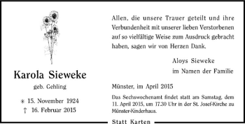 Anzeige von Karola Sieweke von Westfälische Nachrichten