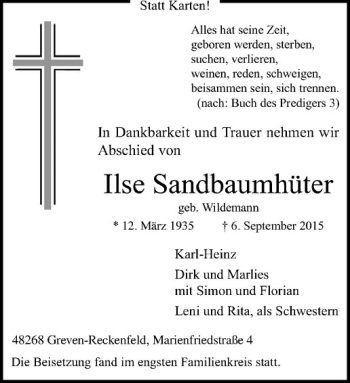 Anzeige von Ilse Sandbaumhüter von Westfälische Nachrichten