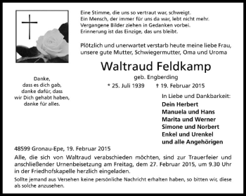 Anzeige von Waltraud Feldkamp von Westfälische Nachrichten