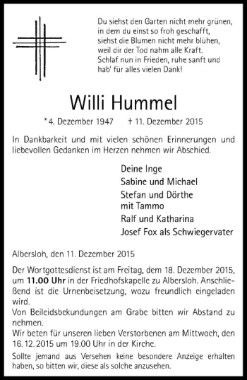 Anzeige von Willi Hummel von Westfälische Nachrichten