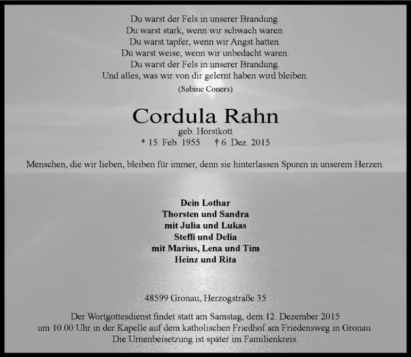  Traueranzeige für Cordula Rahn vom 09.12.2015 aus Westfälische Nachrichten