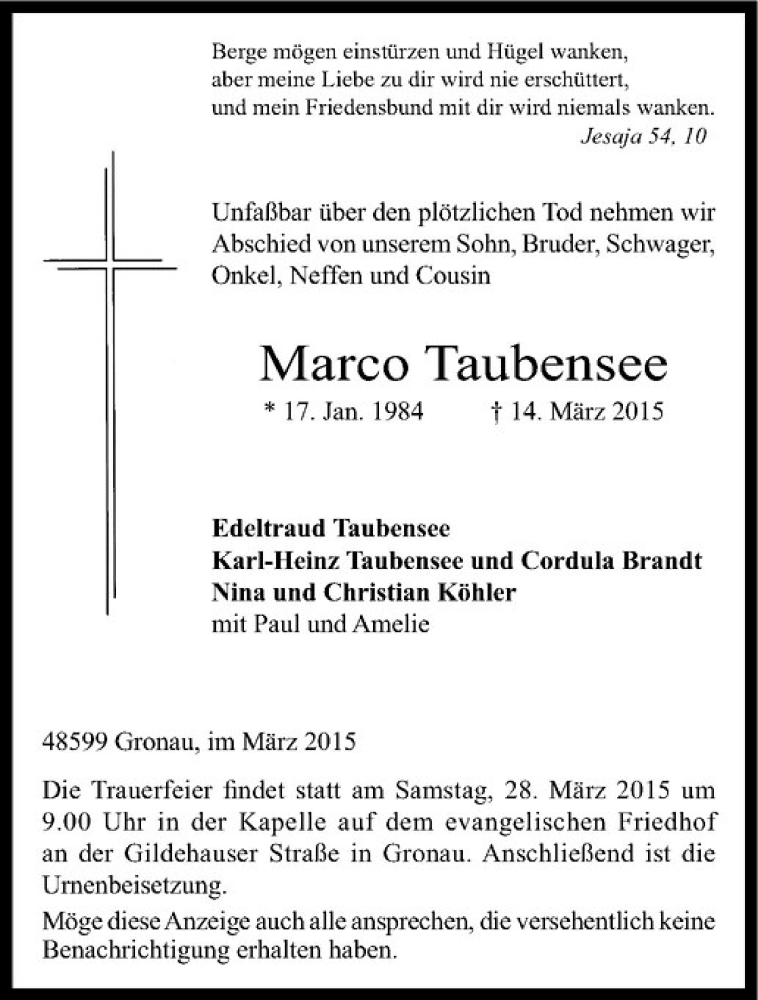  Traueranzeige für Marco Taubensee vom 21.03.2015 aus Westfälische Nachrichten