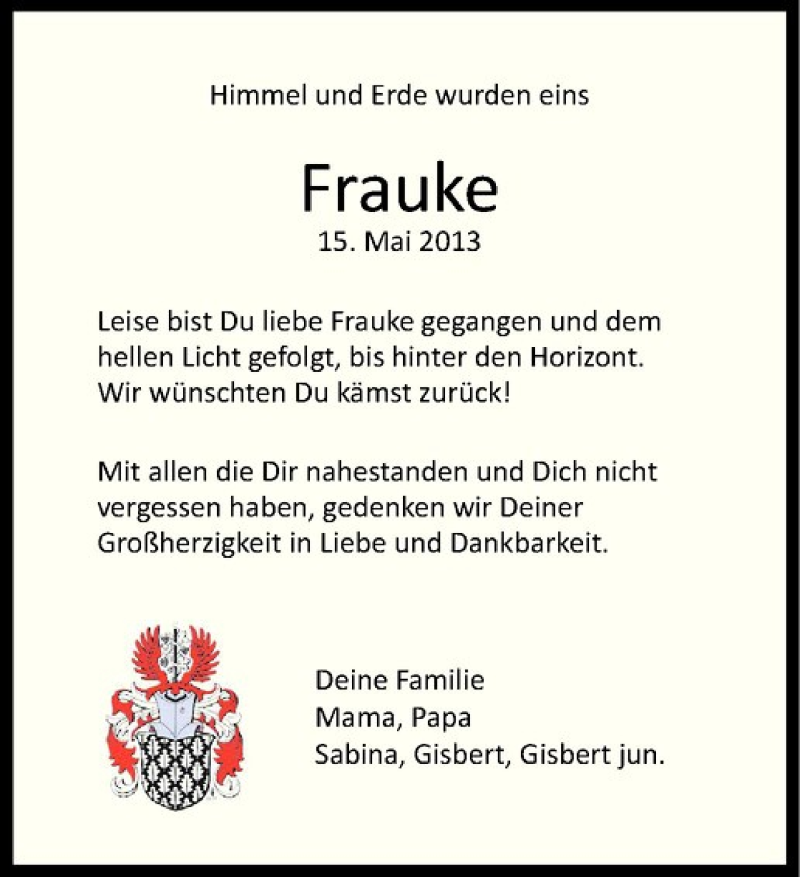  Traueranzeige für Frauke Schwarzwald vom 14.05.2015 aus Westfälische Nachrichten