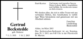 Anzeige von Gertrud Beckstedde von Westfälische Nachrichten