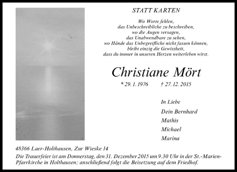  Traueranzeige für Christiane Mört vom 29.12.2015 aus Westfälische Nachrichten