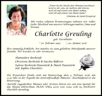 Anzeige von Charlotte Greuling von Westfälische Nachrichten