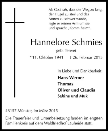 Anzeige von Hannelore Schmies von Westfälische Nachrichten