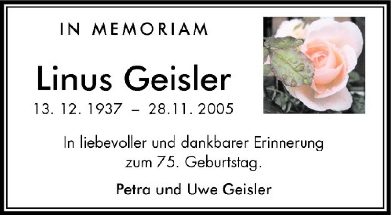  Traueranzeige für Linus Geisler vom 15.12.2012 aus Westfälische Nachrichten