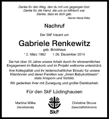 Anzeige von Gabriele Renkewitz von Westfälische Nachrichten