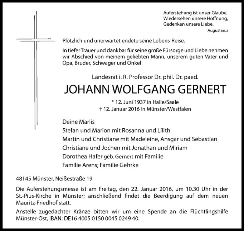  Traueranzeige für Johann Wolfgang Gernert vom 20.01.2016 aus Westfälische Nachrichten
