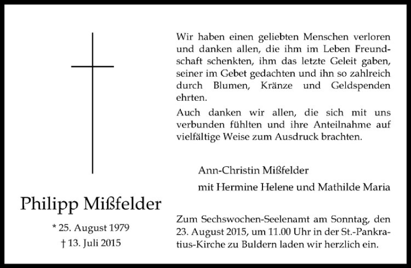  Traueranzeige für Philipp Mißfelder vom 15.08.2015 aus Westfälische Nachrichten