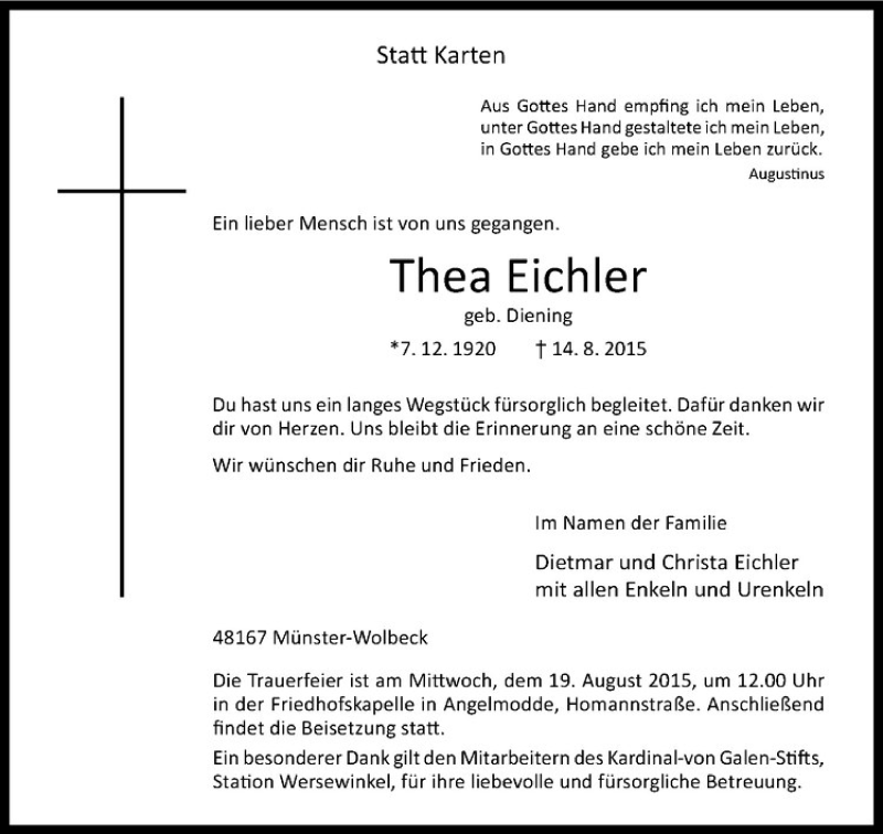  Traueranzeige für Thea Eichler vom 17.08.2015 aus Westfälische Nachrichten