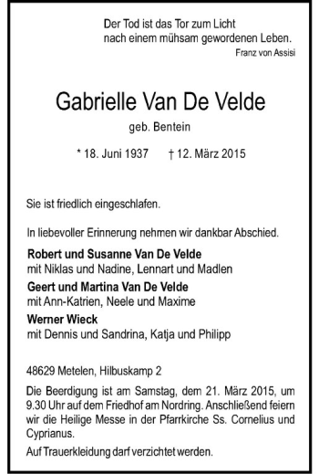 Anzeige von Gabrielle Van De Velde Bentein von Westfälische Nachrichten