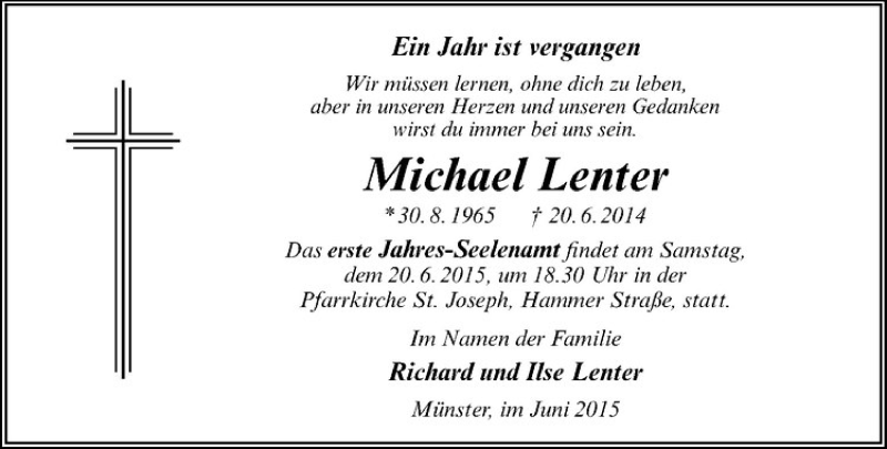  Traueranzeige für Michael Lenter vom 13.06.2015 aus Westfälische Nachrichten