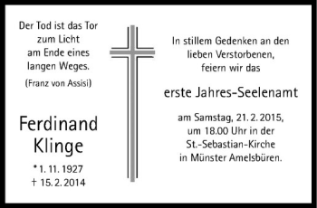 Anzeige von Ferdinand Klinge von Westfälische Nachrichten