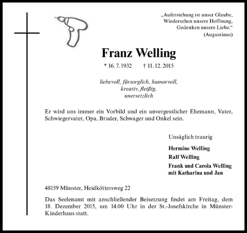  Traueranzeige für Franz Welling vom 15.12.2015 aus Westfälische Nachrichten