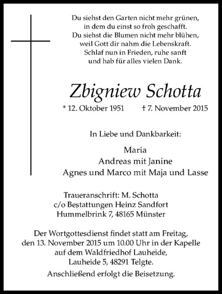  Traueranzeige für Zbigniew Schotta vom 11.11.2015 aus Westfälische Nachrichten