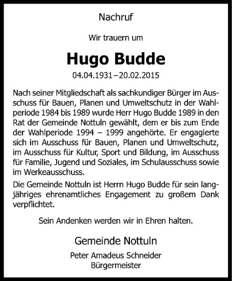  Traueranzeige für Hugo Budde vom 26.02.2015 aus Westfälische Nachrichten