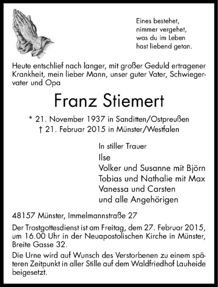 Traueranzeige für Franz Stiemert vom 25.02.2015 aus Westfälische Nachrichten