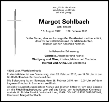 Anzeige von Margot Sohlbach von Westfälische Nachrichten