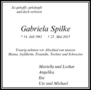 Anzeige von Gabriela Spilke von Westfälische Nachrichten