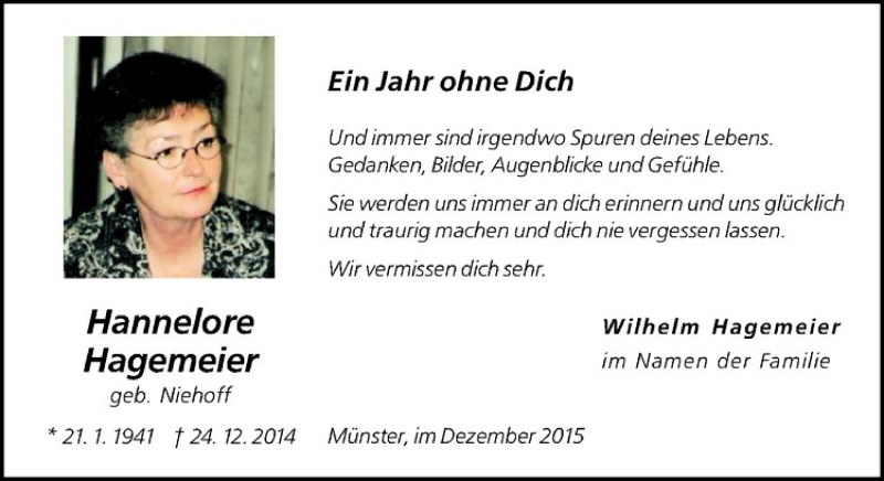  Traueranzeige für Hagemeier Hannelore vom 24.12.2015 aus Westfälische Nachrichten