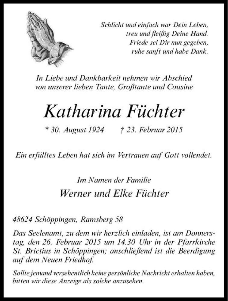  Traueranzeige für Katharina Füchter vom 25.02.2015 aus Westfälische Nachrichten