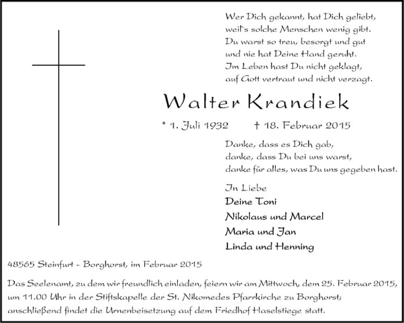 Traueranzeige für Walter Krandiek vom 21.02.2015 aus Westfälische Nachrichten