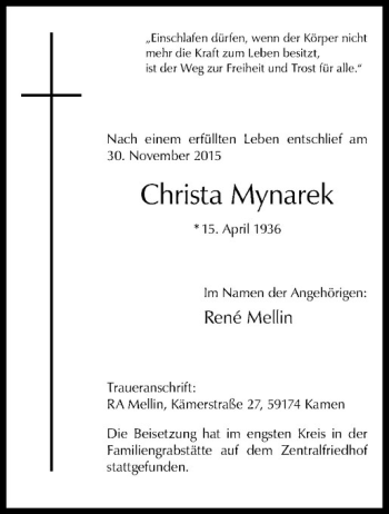 Anzeige von Christa Mynarek von Westfälische Nachrichten