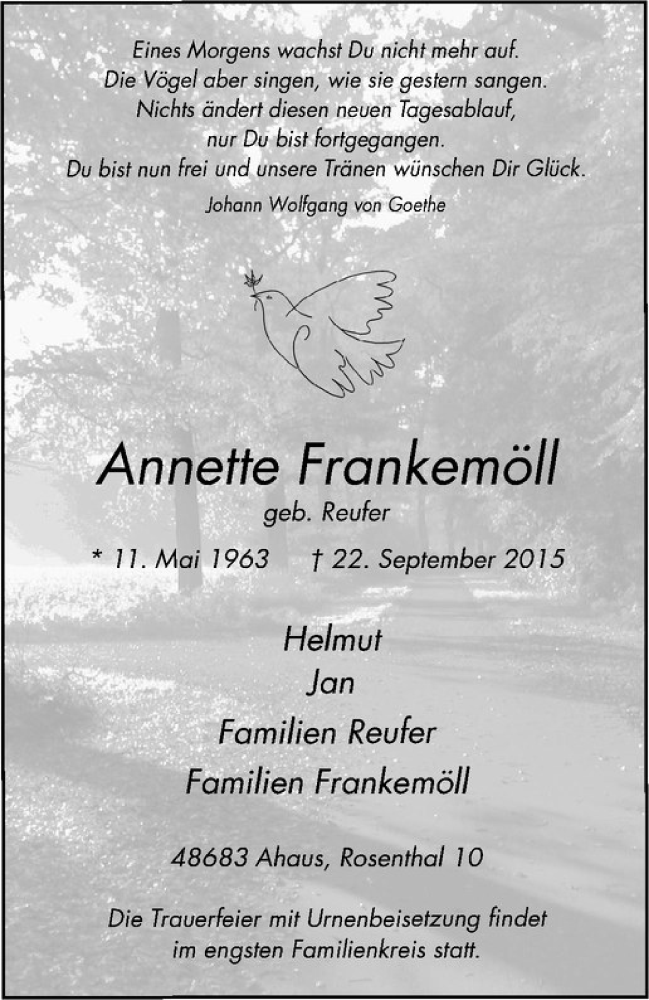  Traueranzeige für Annette Frankemöll vom 26.09.2015 aus Westfälische Nachrichten