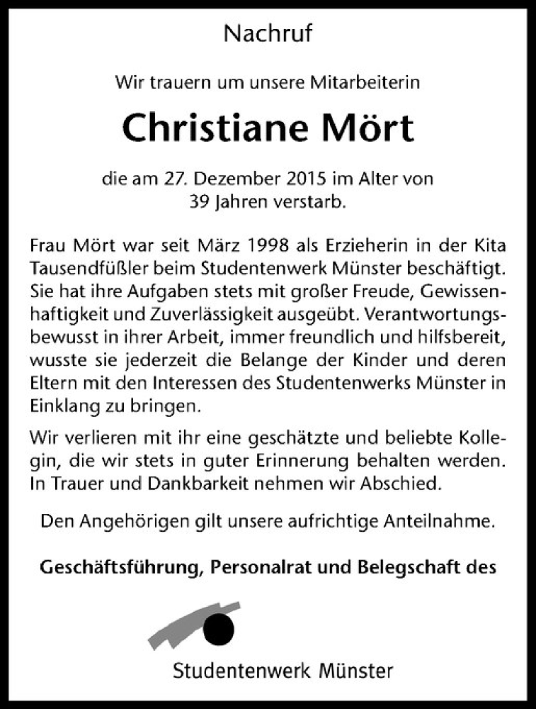  Traueranzeige für Christiane Mört vom 09.01.2016 aus Westfälische Nachrichten