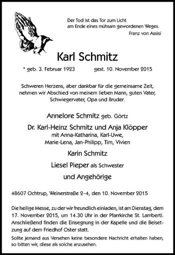Anzeige von Karl Schmitz von Westfälische Nachrichten