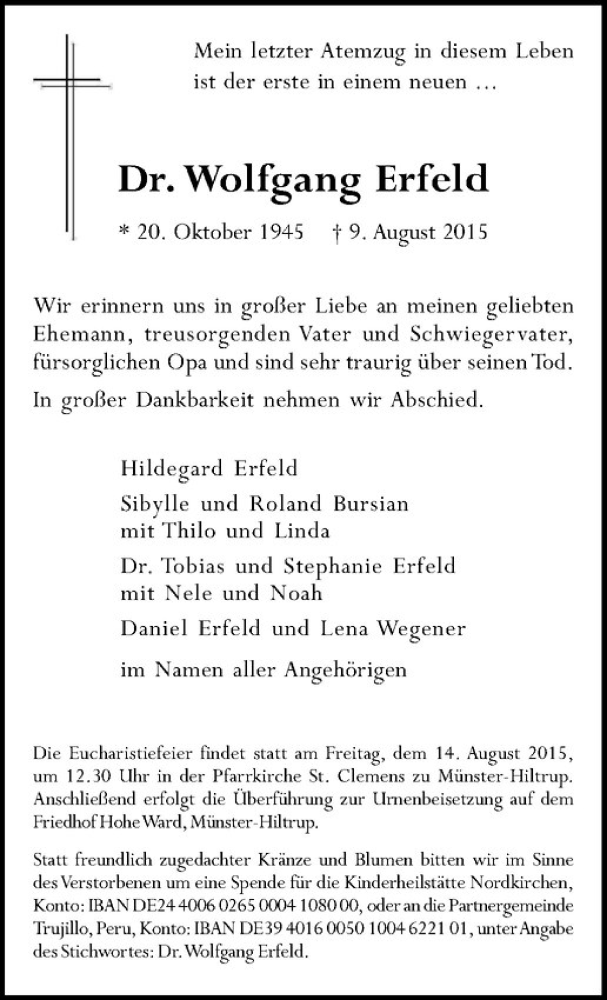  Traueranzeige für Wolfgang Erfeld vom 12.08.2015 aus Westfälische Nachrichten