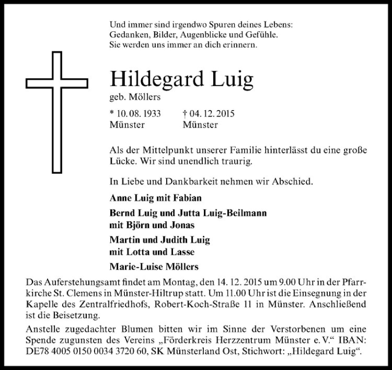  Traueranzeige für Hildegard Luig vom 09.12.2015 aus Westfälische Nachrichten