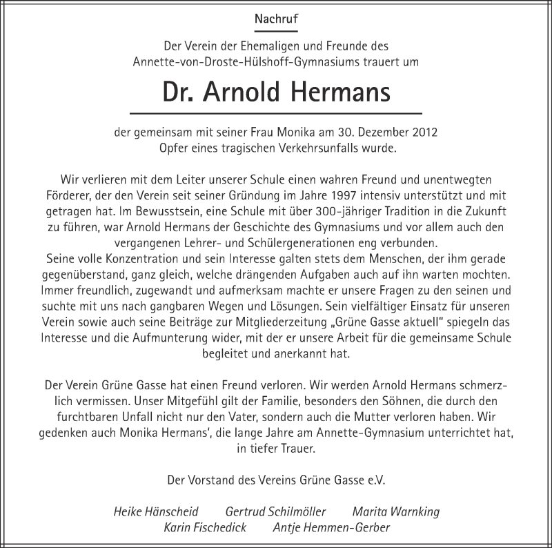  Traueranzeige für Arnold und Monika Hermans vom 09.01.2013 aus Münstersche Zeitung und Münsterland Zeitung