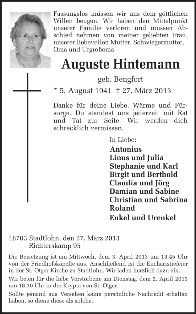 Traueranzeige für Auguste Hintemann vom 30.03.2013 aus Münstersche Zeitung und Münsterland Zeitung