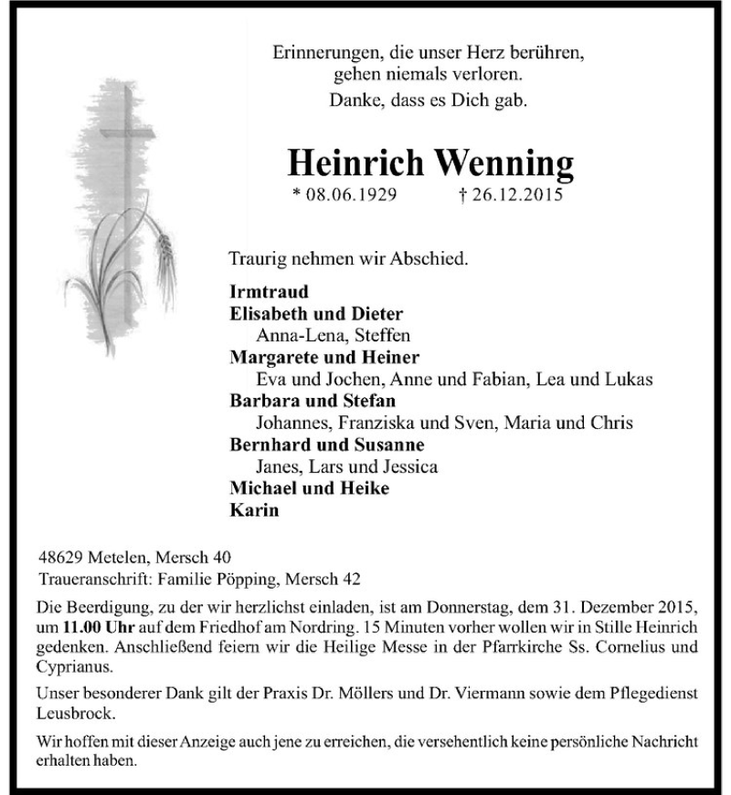  Traueranzeige für Heinrich Wenning vom 29.12.2015 aus Westfälische Nachrichten