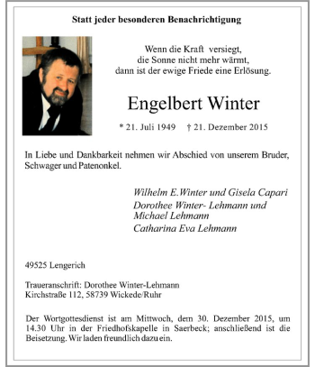 Anzeige von Engelbert Winter von Westfälische Nachrichten