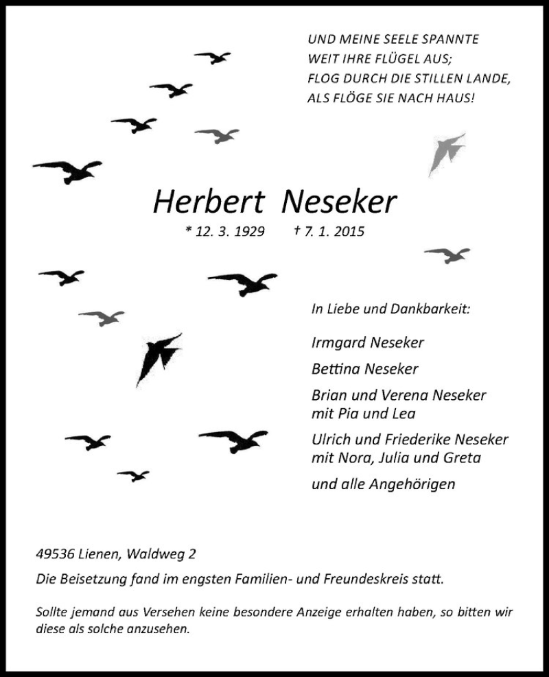  Traueranzeige für Herbert Neseker vom 15.01.2015 aus Westfälische Nachrichten