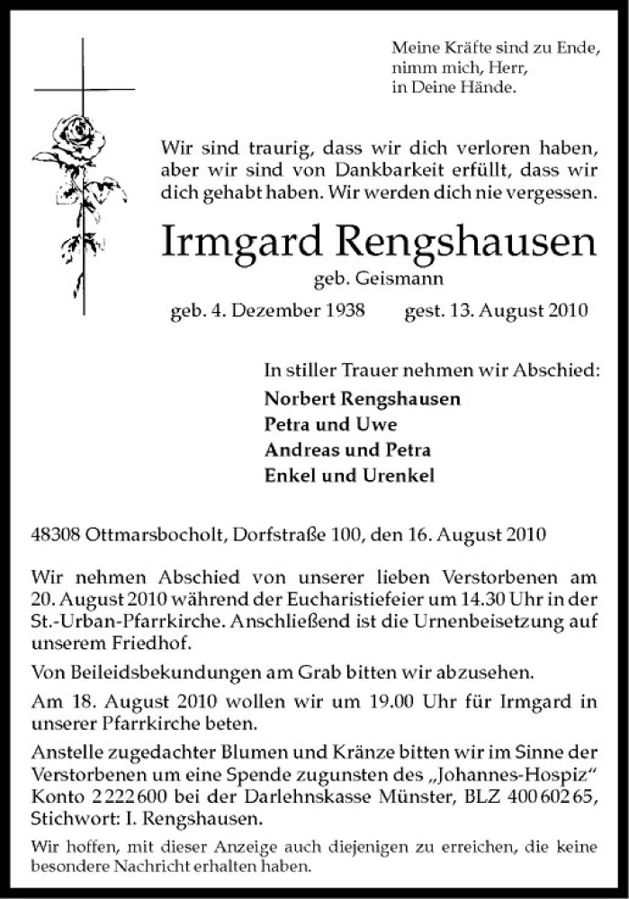  Traueranzeige für Norbert Rengshausen vom 17.08.2010 aus Westfälische Nachrichten
