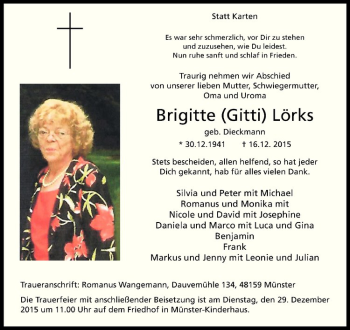 Anzeige von Brigitte Lörks von Westfälische Nachrichten