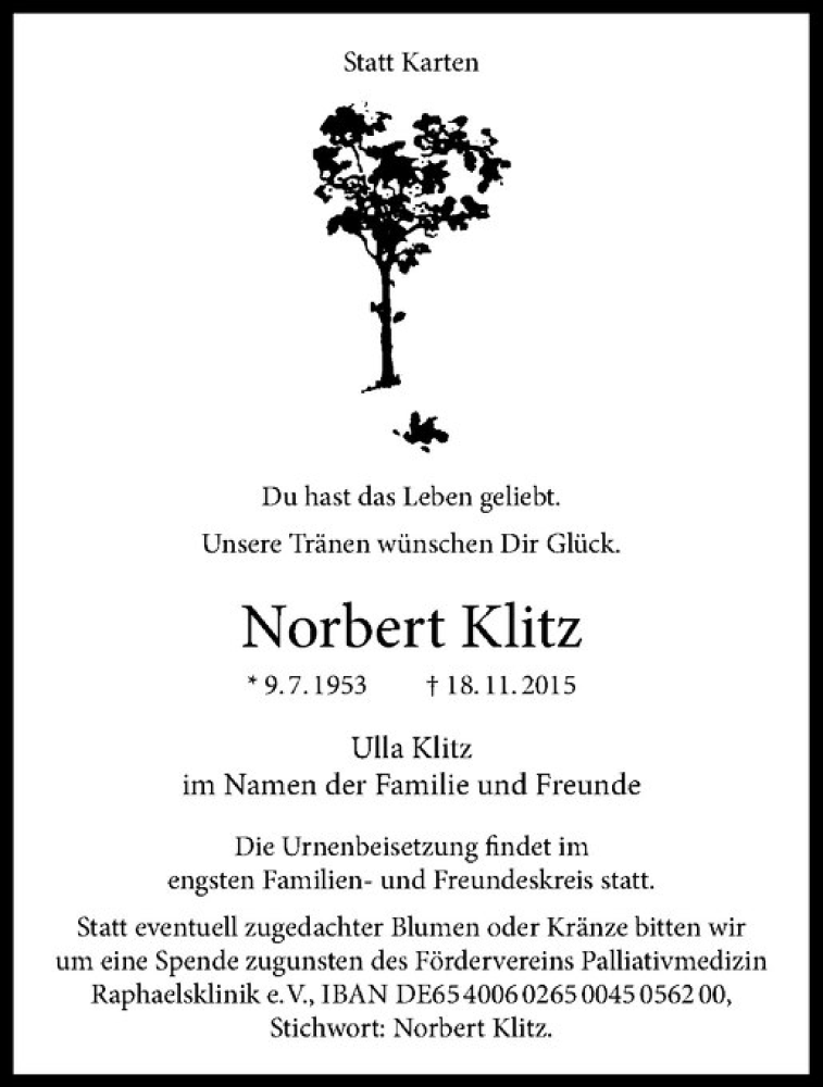  Traueranzeige für Norbert Klitz vom 21.11.2015 aus Westfälische Nachrichten
