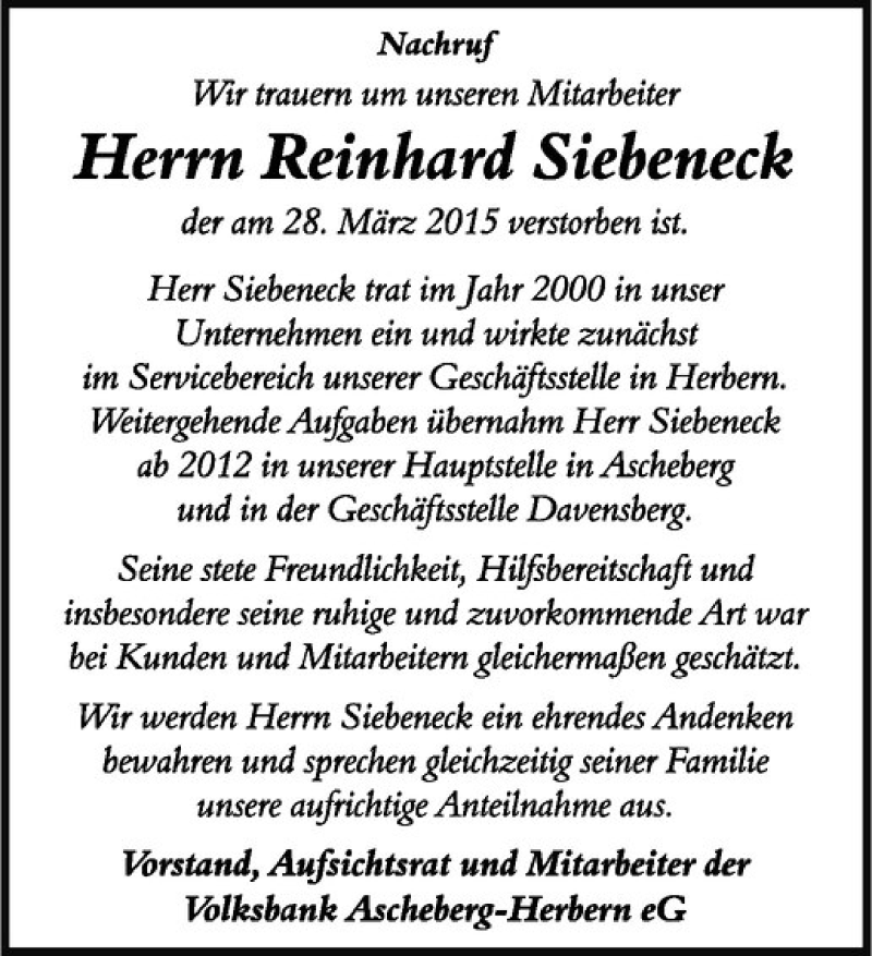  Traueranzeige für Reinhard Siebeneck vom 01.04.2015 aus Westfälische Nachrichten