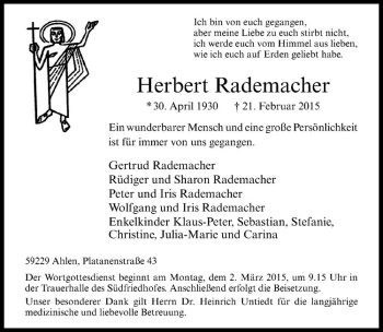 Anzeige von Herbert Rademacher von Westfälische Nachrichten