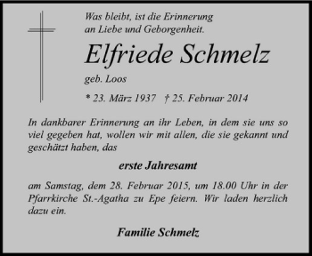 Anzeige von Elfride Schmelz von Westfälische Nachrichten