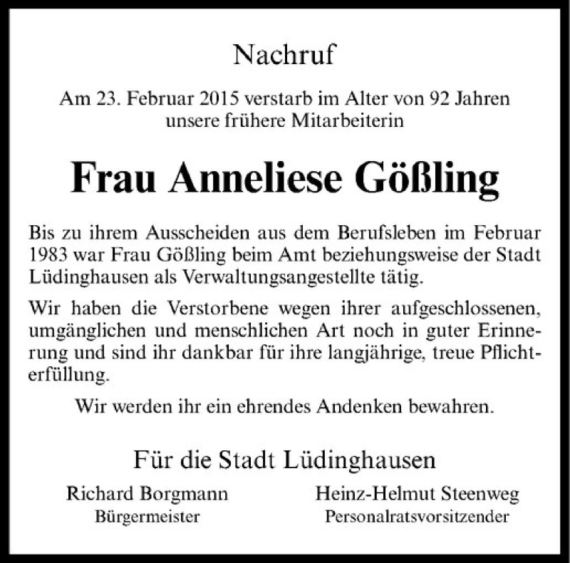  Traueranzeige für Anneliese Gößling vom 04.03.2015 aus Westfälische Nachrichten